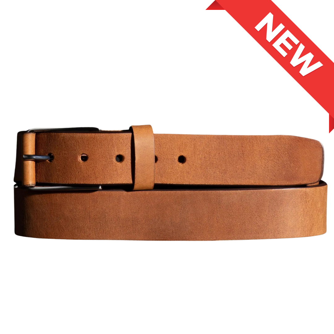 The Spartan leather belt with leather wrapped buckle in tan