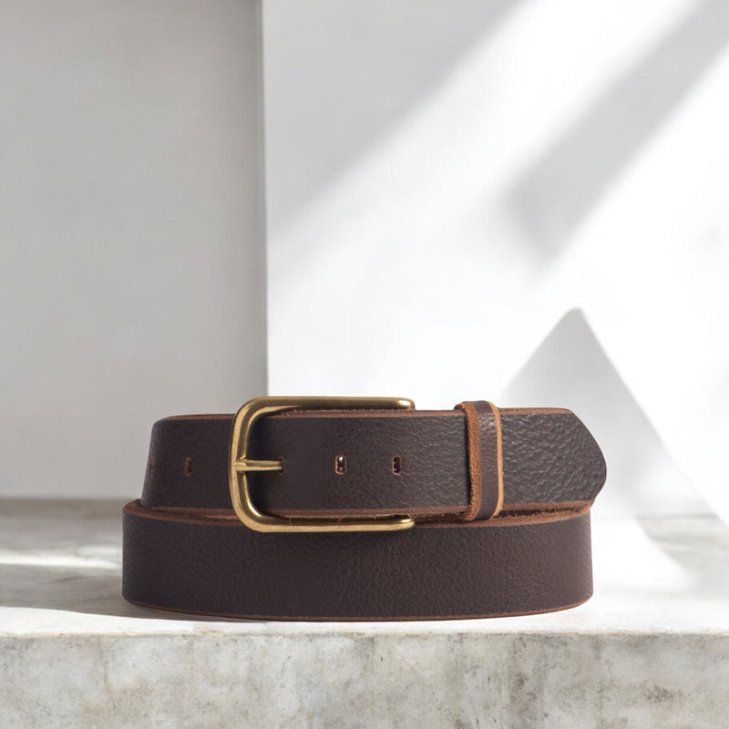 Aria - Brown Leather Dress Belt with Elongated Gold Buck Aria - Brown Leather Dress Belt with Elongated Gold Buck