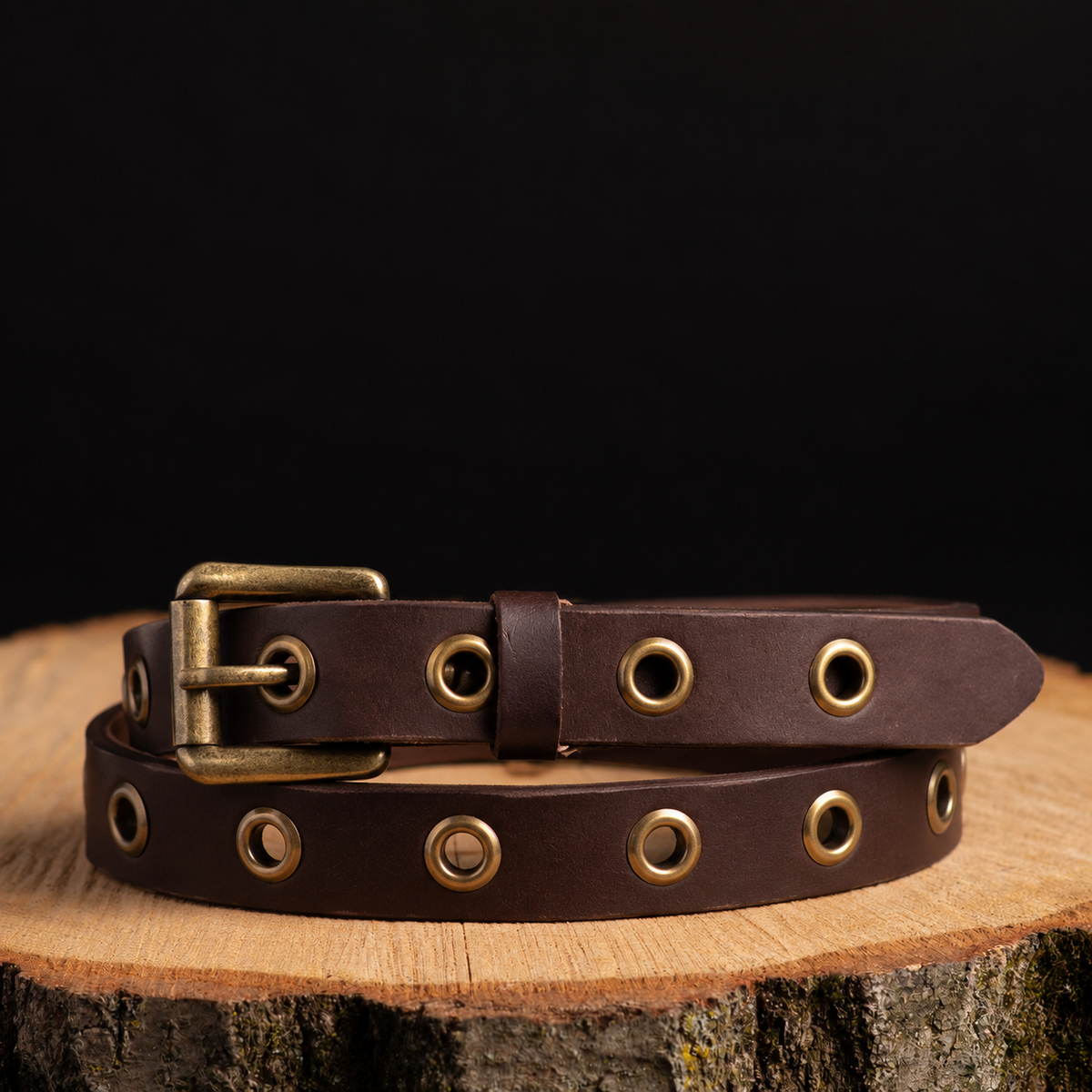 Exene - Slim Black Leather Belt with Grommets