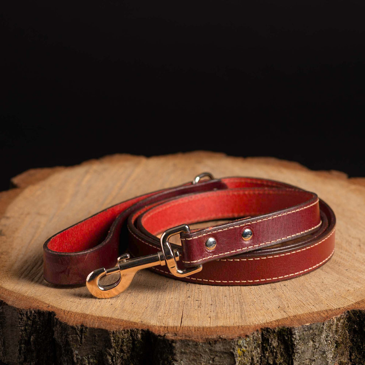 Stitched leather dog leash, 60 inch, in burgundy