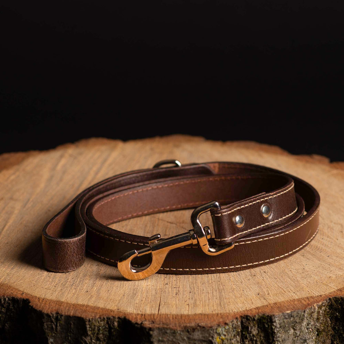 Stitched leather dog leash, 60 inch, in brown