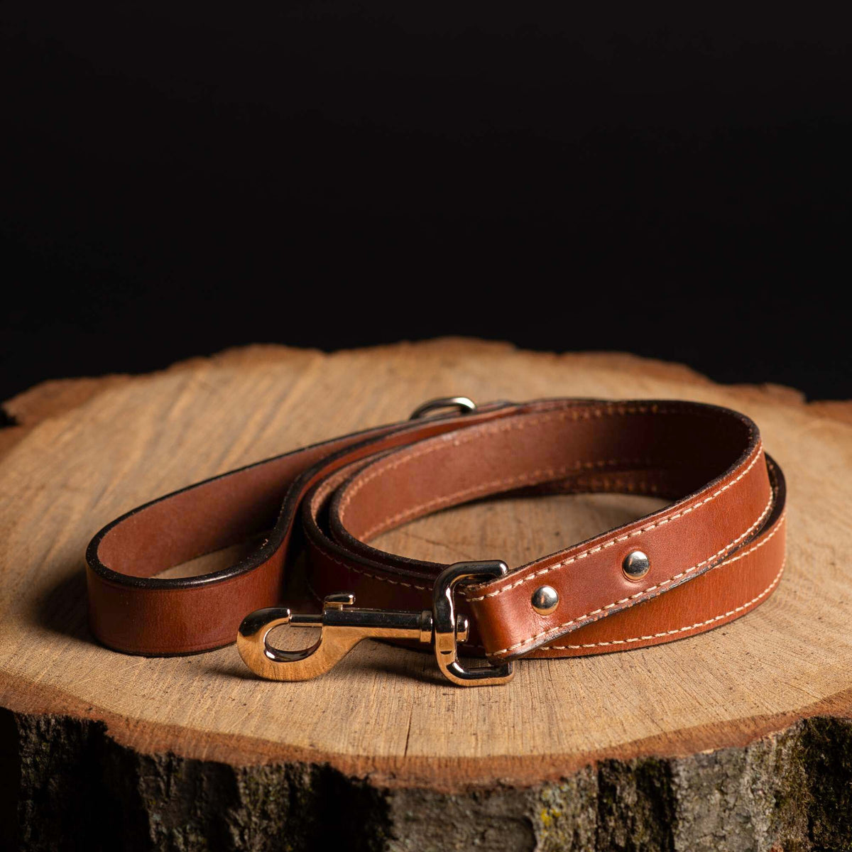 Stitched leather dog leash, 60 inch, in cognac