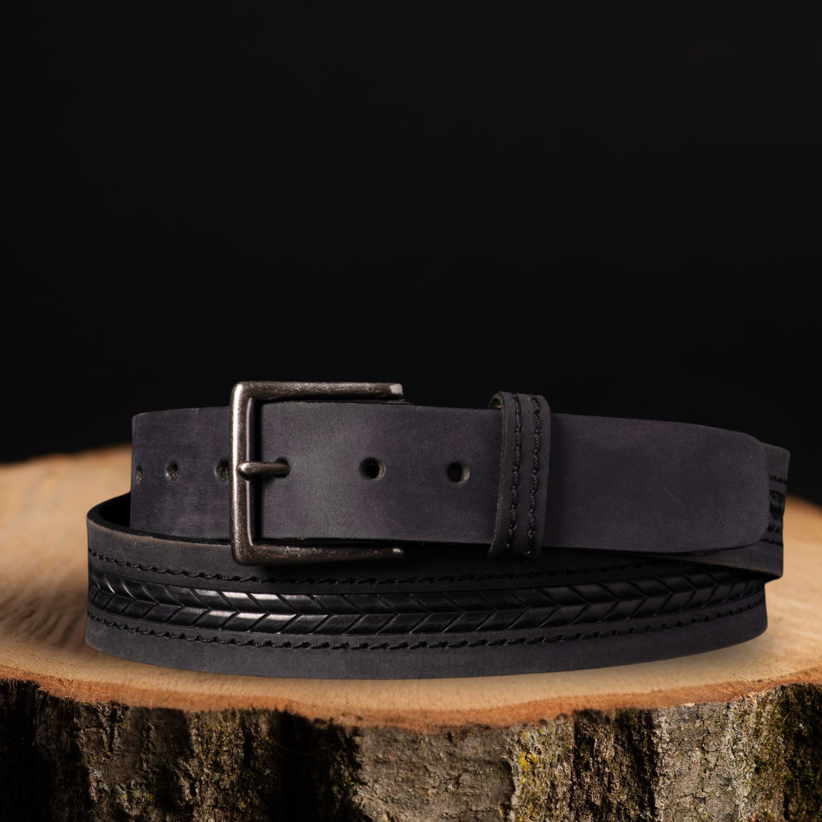 The Purpose Belt, arrow patterned leather belt in black