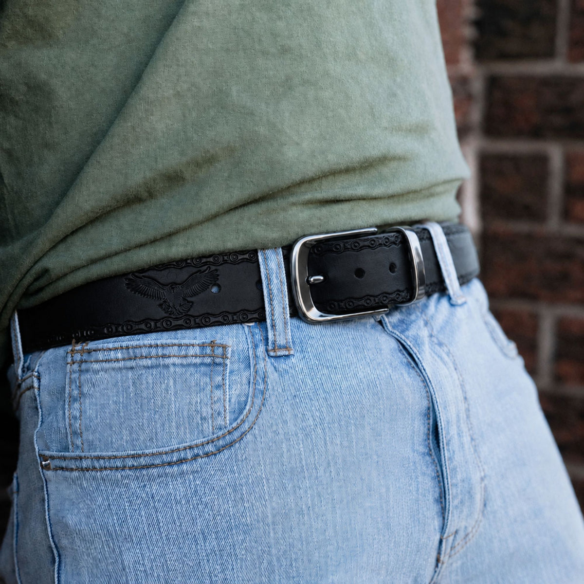 The Eagle Belt- Black Chain Link Embossed 100% Real Leather Belt
