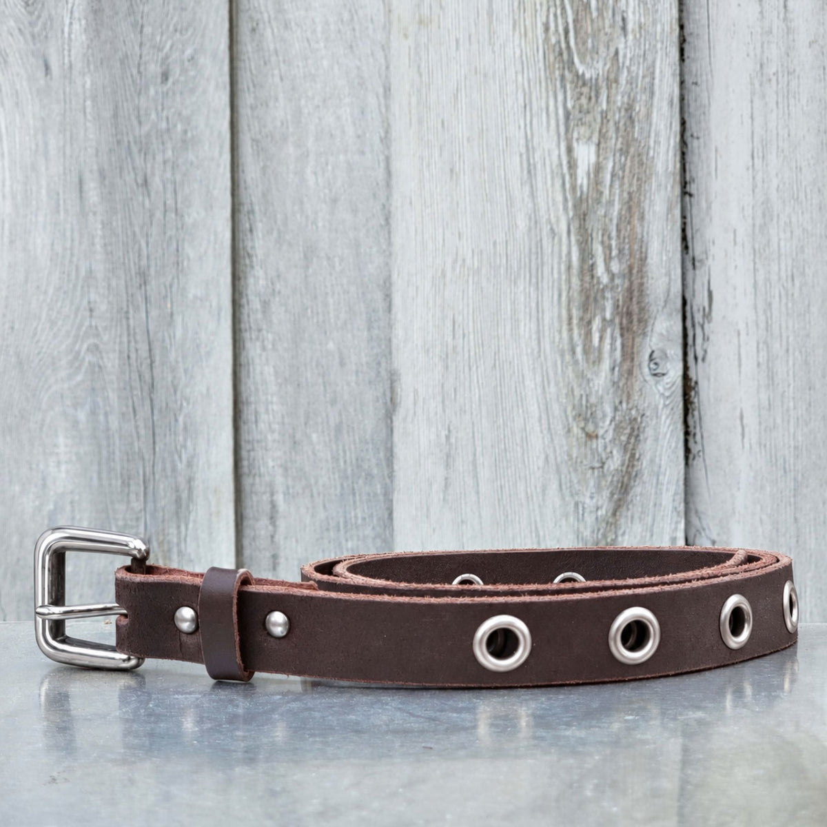 Exene - Slim Brown Leather Belt with Single Grommets - Made in Canada