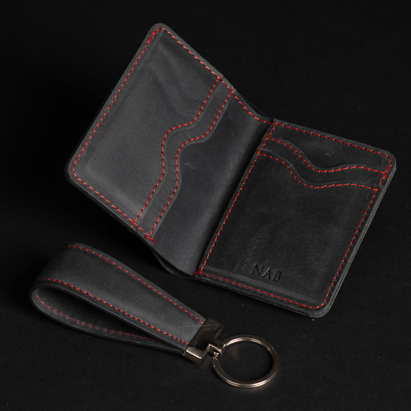 The Poseidon Card Holder Keychain Set - Black Full Grain Leather Card Holder With Blue Hand Stitching
