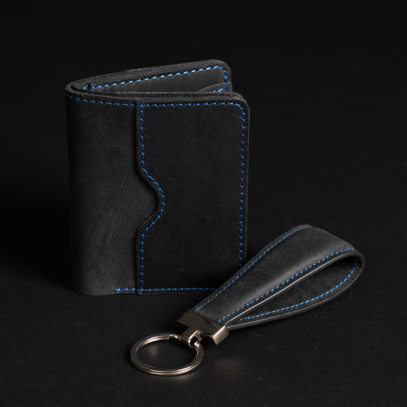 The Poseidon Card Holder Keychain Set - Black Full Grain Leather Card Holder With Blue Hand Stitching