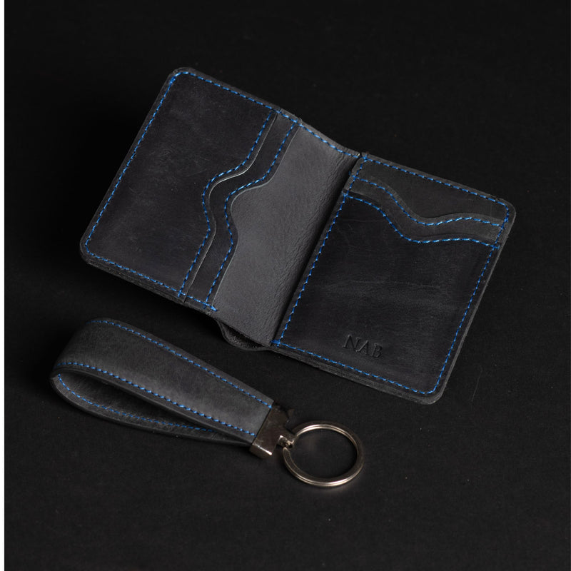 The Poseidon Card Holder Keychain Set - Black Full Grain Leather Card Holder With Blue Hand Stitching