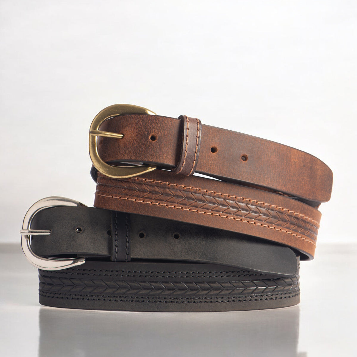 Terra brown embossed leather belt with gold buckle