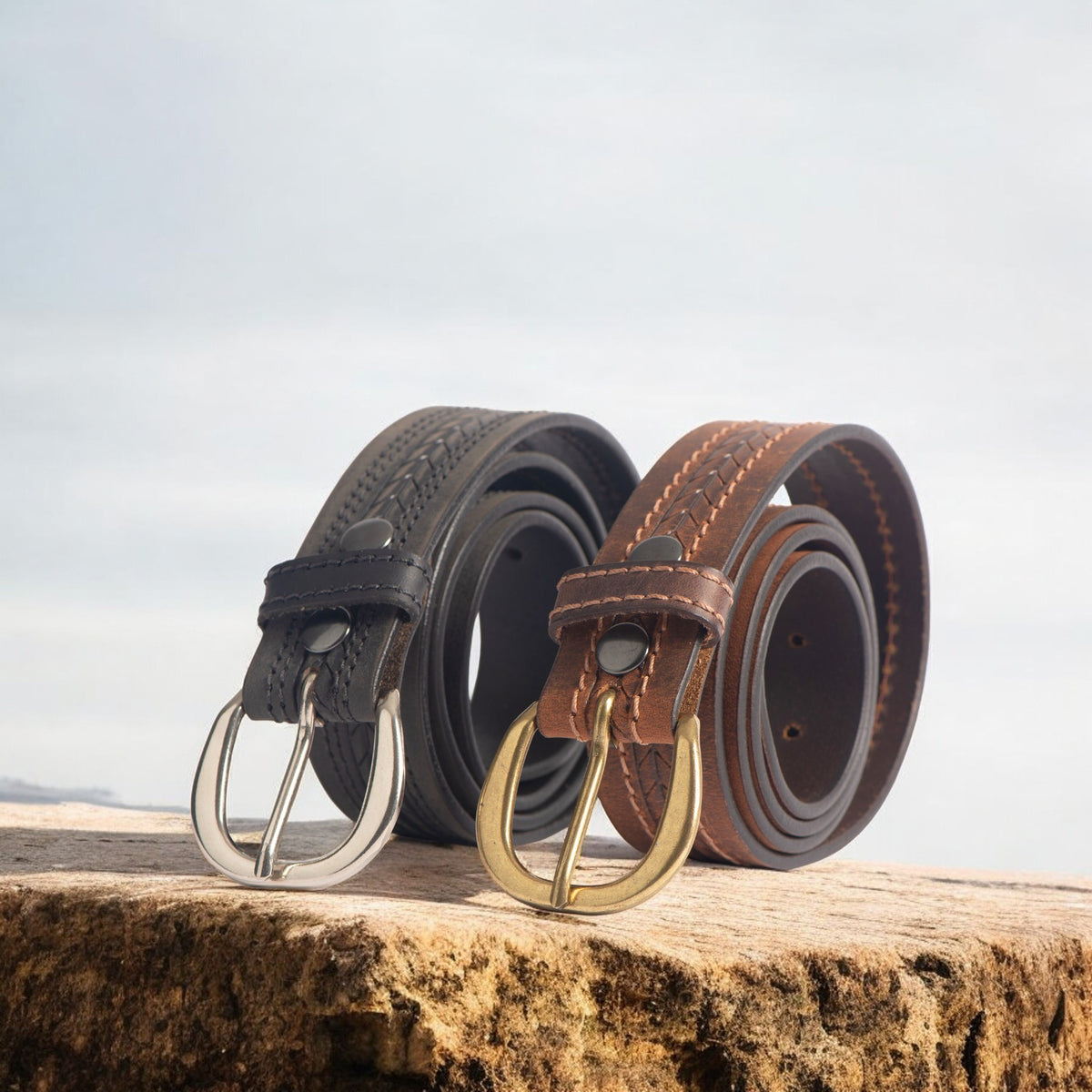 Terra brown embossed leather belt with gold buckle