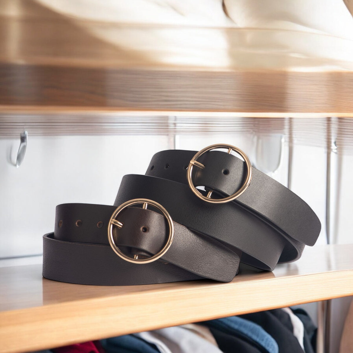 Orla black leather dress belt with large gold circle buckle