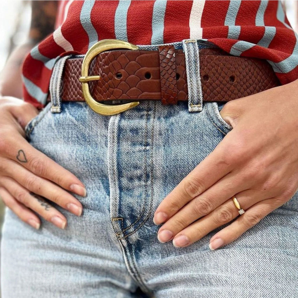 Medusa snake skin embossed leather belt