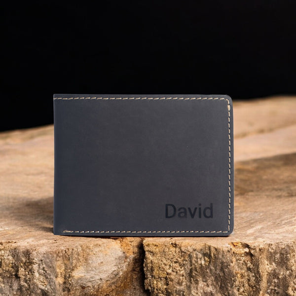 Engraved Black Full Grain Leather Minimalist Wallet