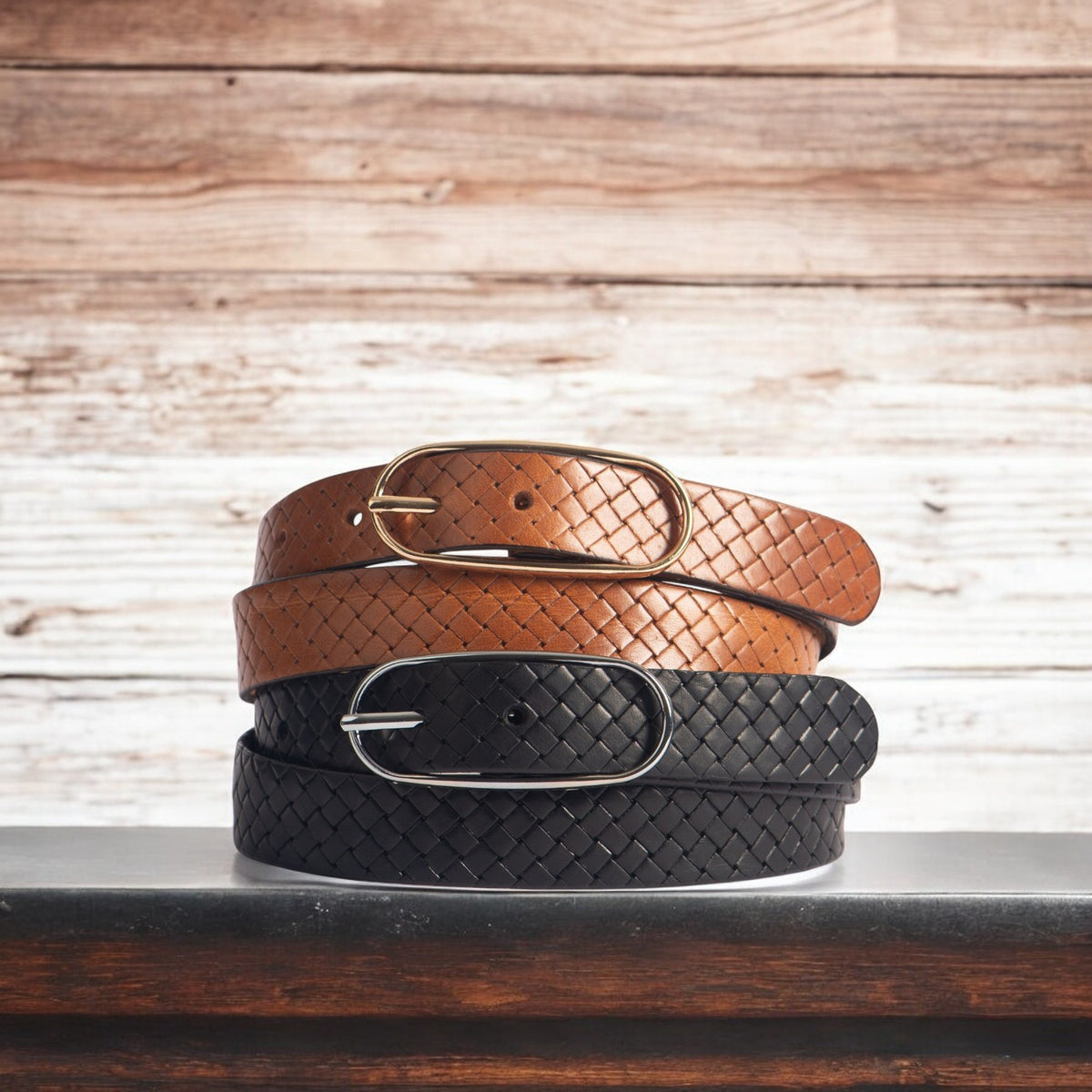 Aika braided 2-piece leather belt gift set