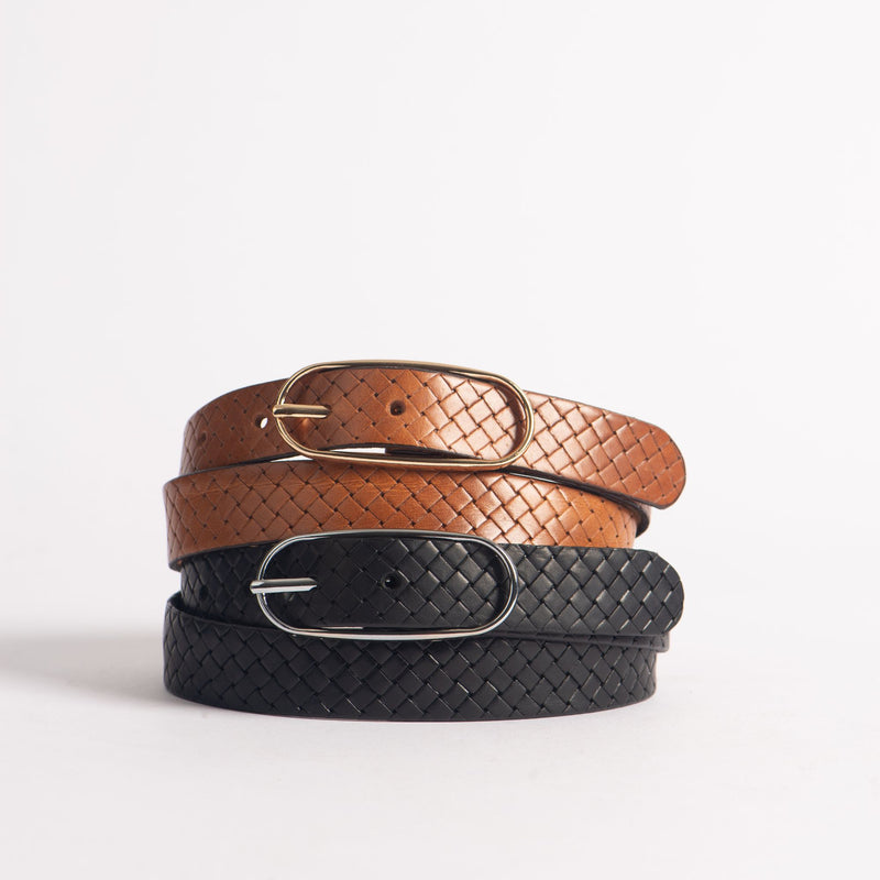 Aika - Tan Braided Embossed Leather Belt with Oval Buckle - Made in Canada