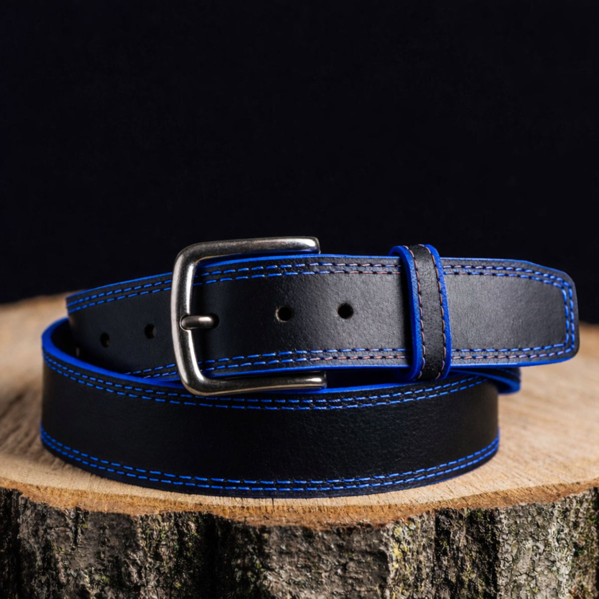 The Diablo black full-grain leather belt with blue stitching