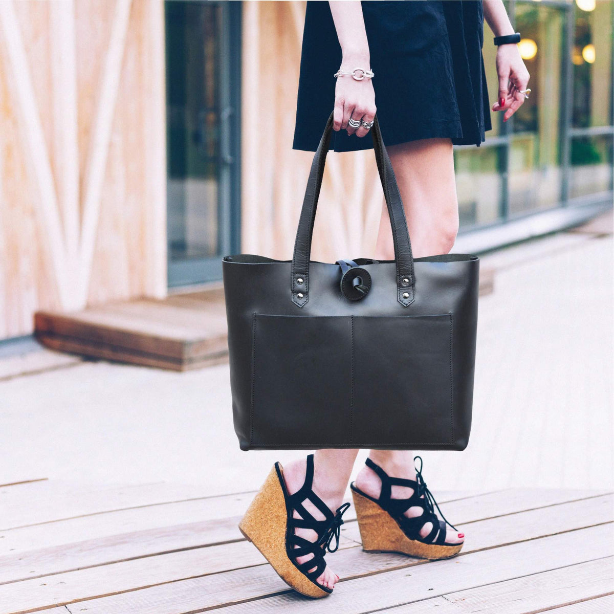 Tolredo black leather tote bag with leather closure