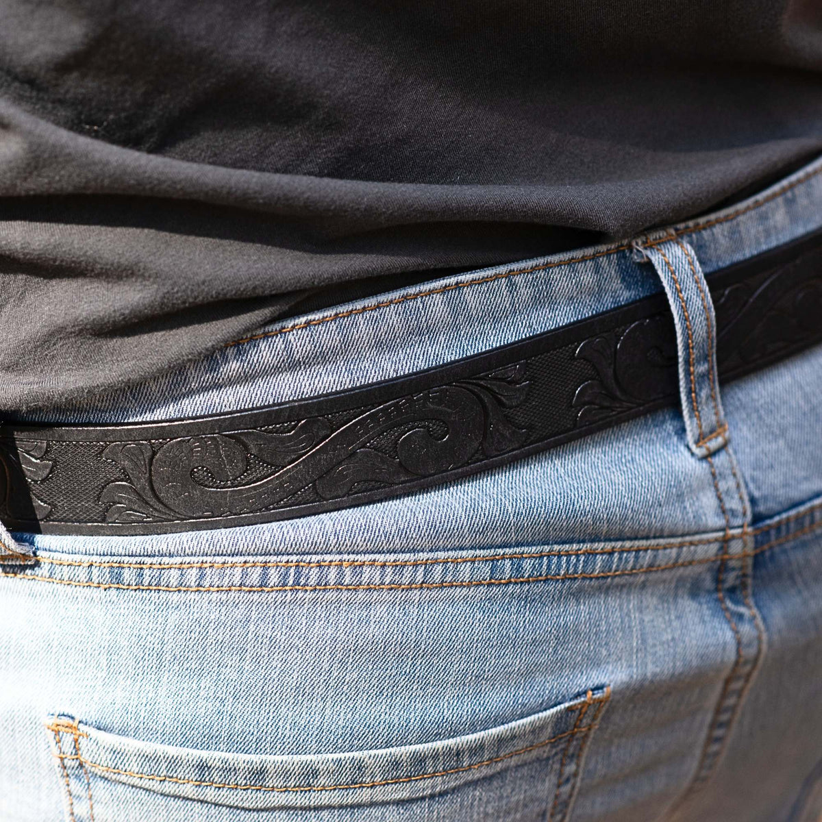 Western black hand-tooled full-grain leather belt