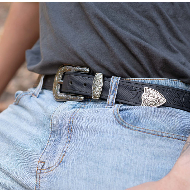 Western Black Hand-tooled Full-Grain Leather Belt