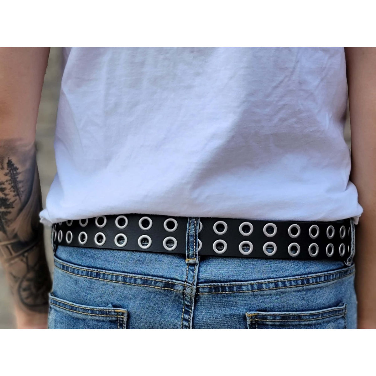 The Brixton Belt, black double grommet full-grain leather belt