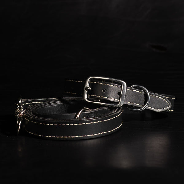 Trailblazer - Black Premium Leather Dog Leash and Collar Set
