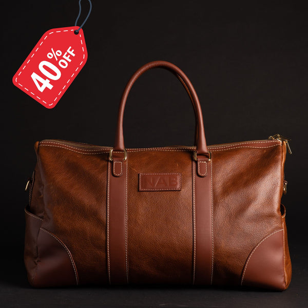 The Shield Duffle- Cognac Full-Grain Leather Duffle Bag Made in Canada