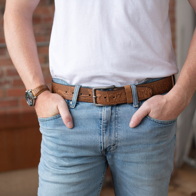 The Wildlife Belt - Cognac Embossed Full Grain Leather Belt Made in Canada