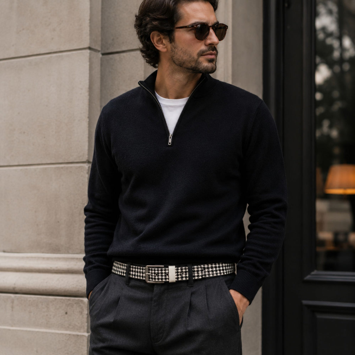 The Windsor white houndstooth full-grain leather belt