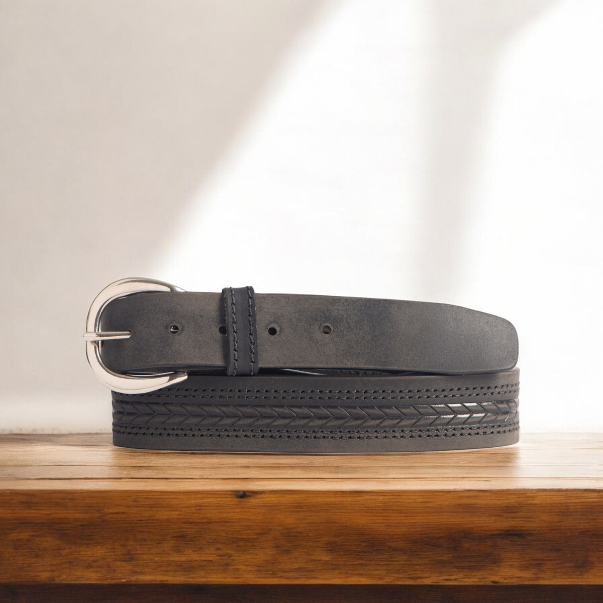 Terra brown embossed leather belt with gold buckle