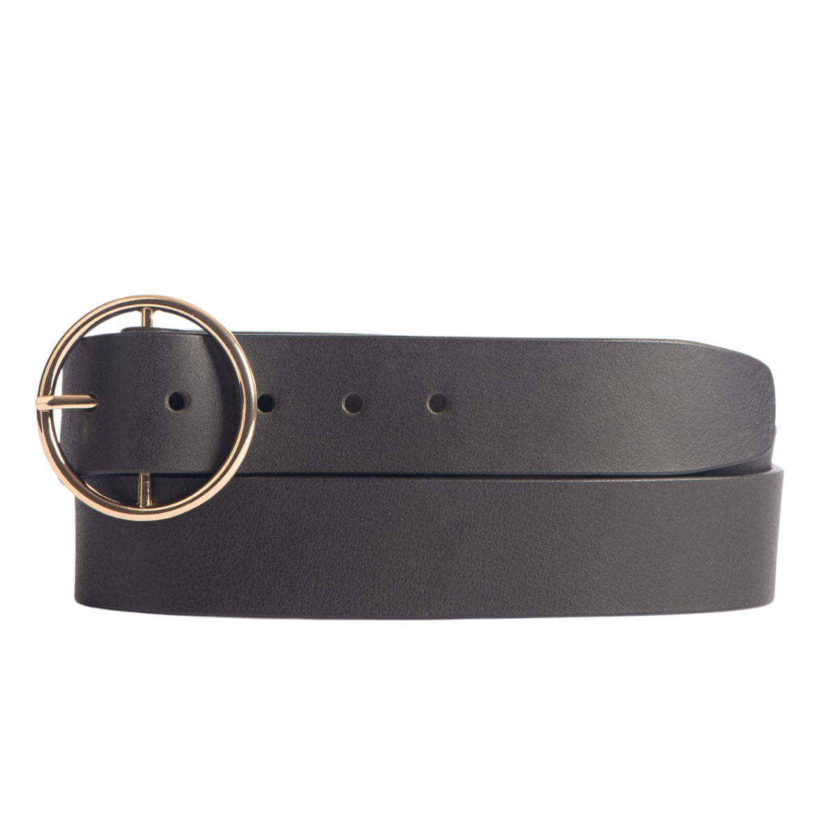 Orla black leather dress belt with large gold circle buckle