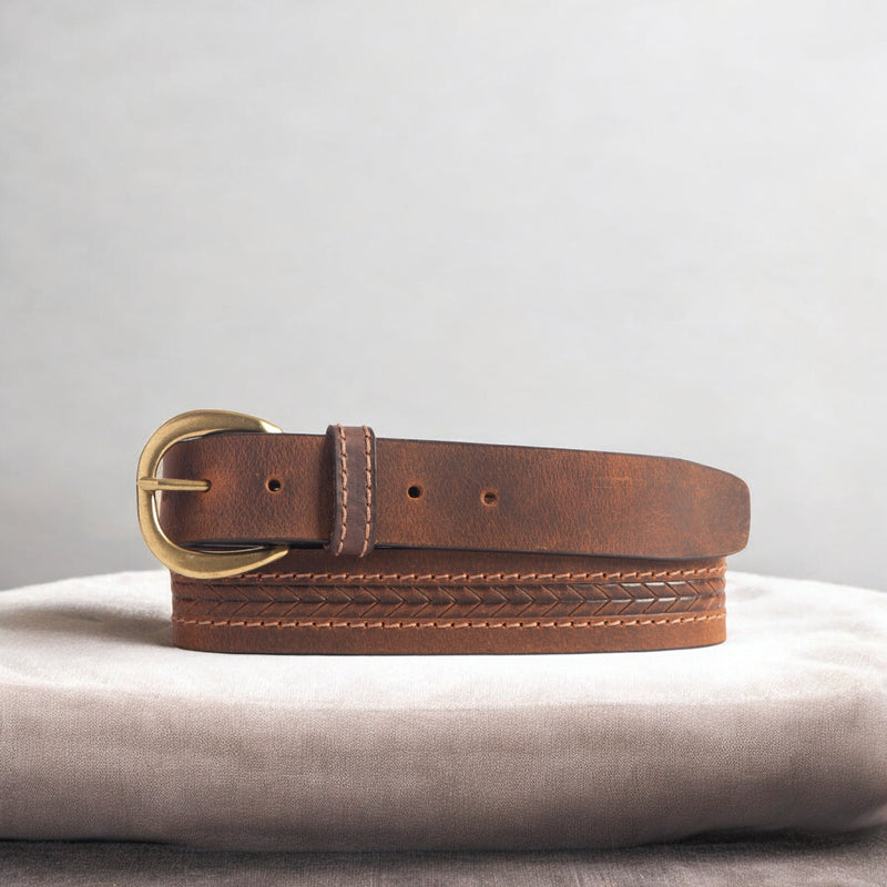 Terra - Brown Embossed Leather Belt with Gold Buckle - Made in Canada