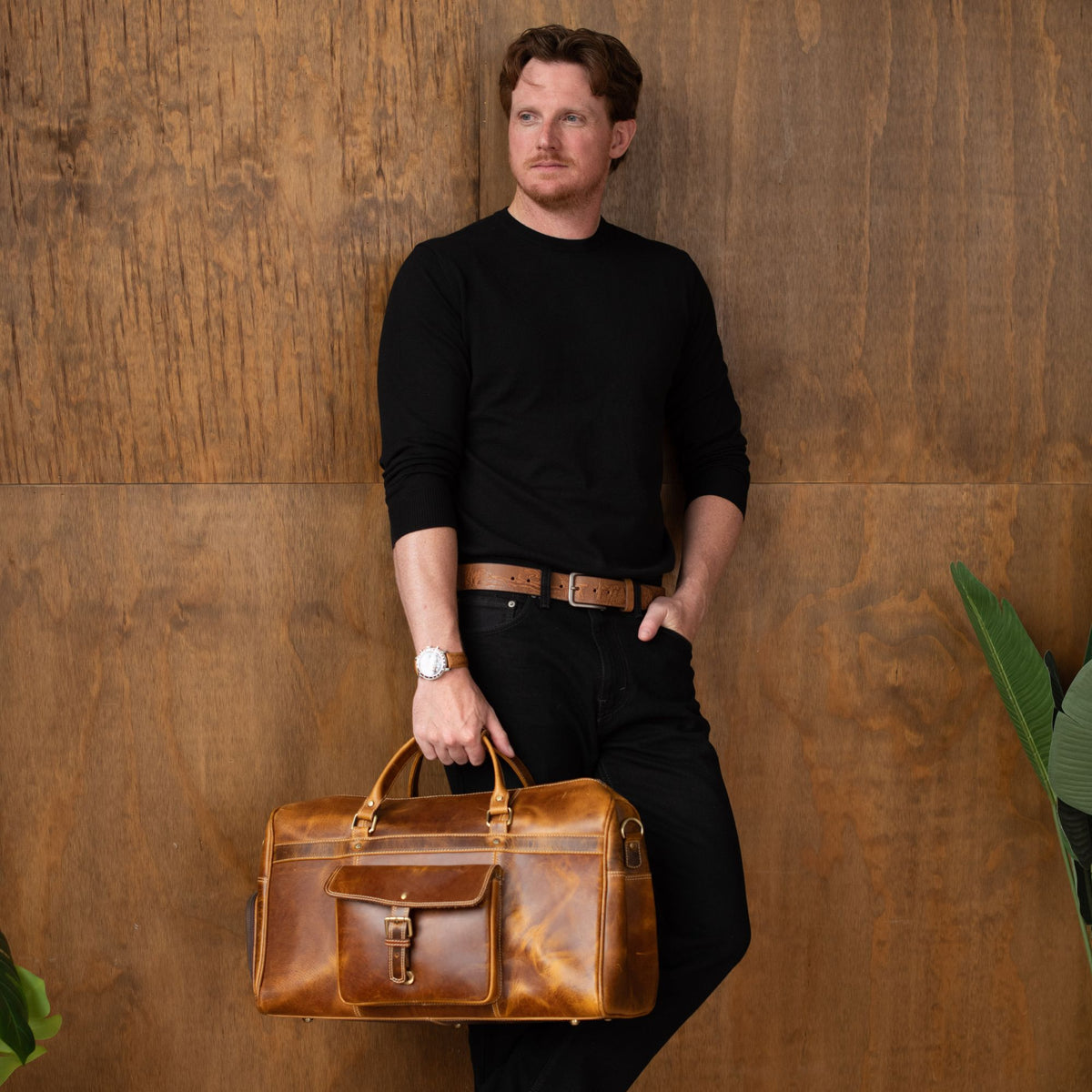 The Voyager cognac distressed full-grain leather duffle bag