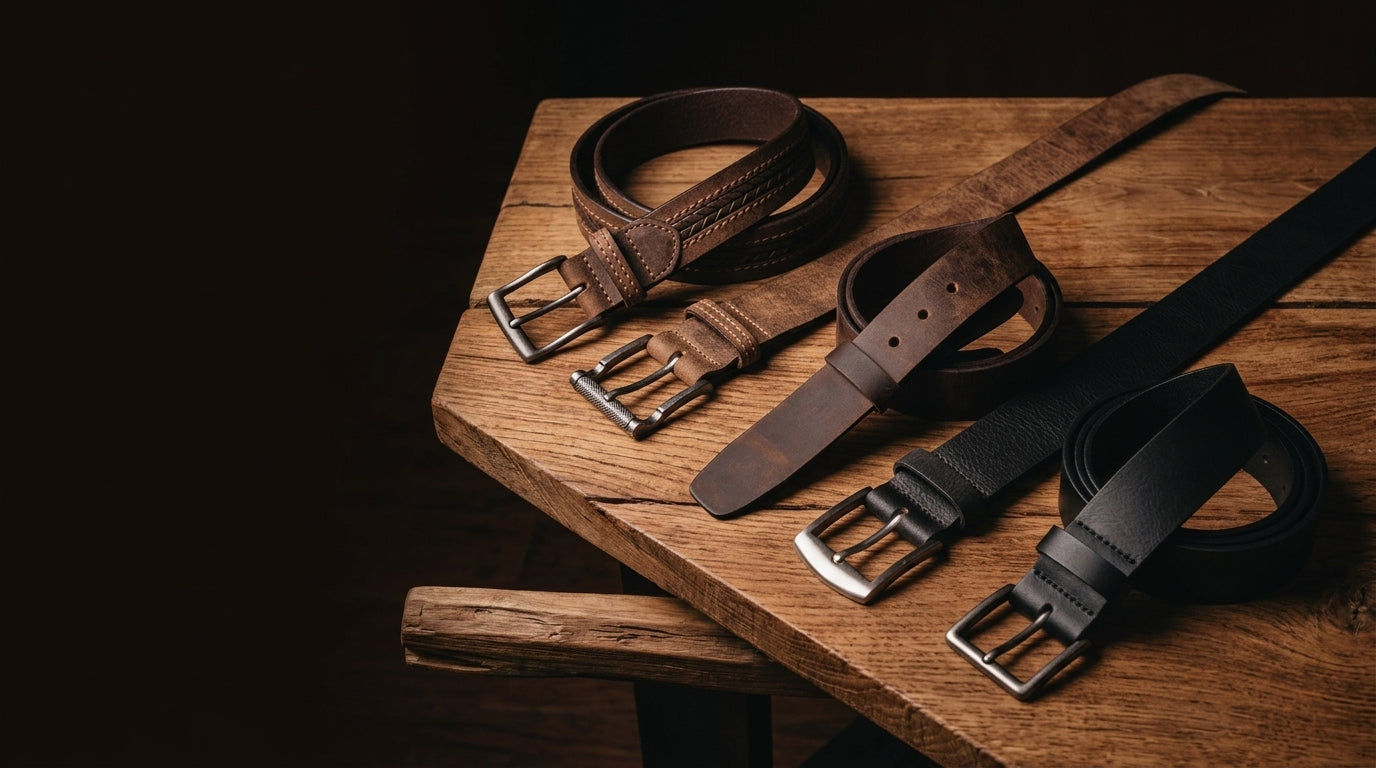 A lineup of NAB Leather full grain leather belts arranged on raw wood in dramatic studio light