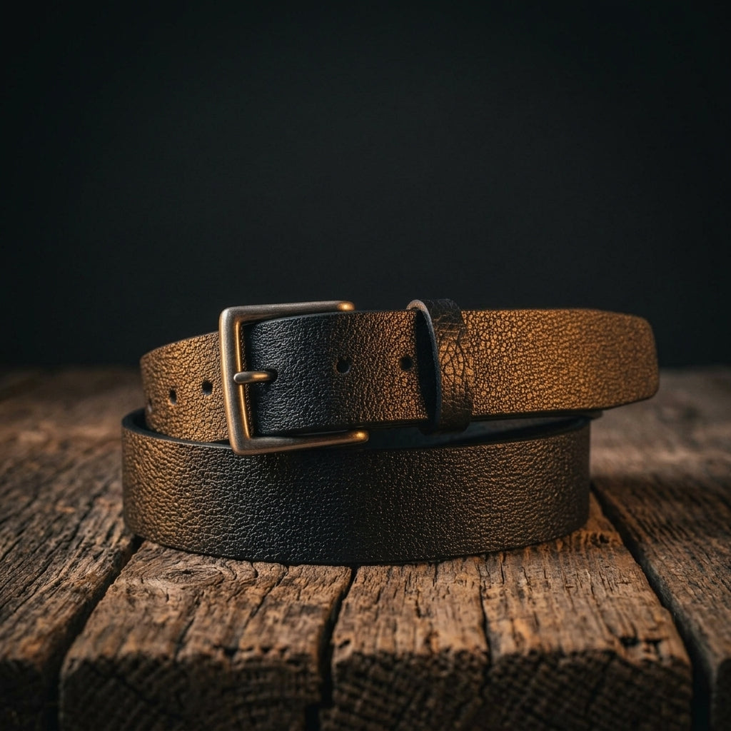 The Maverick Belt in full grain bison leather on raw wood