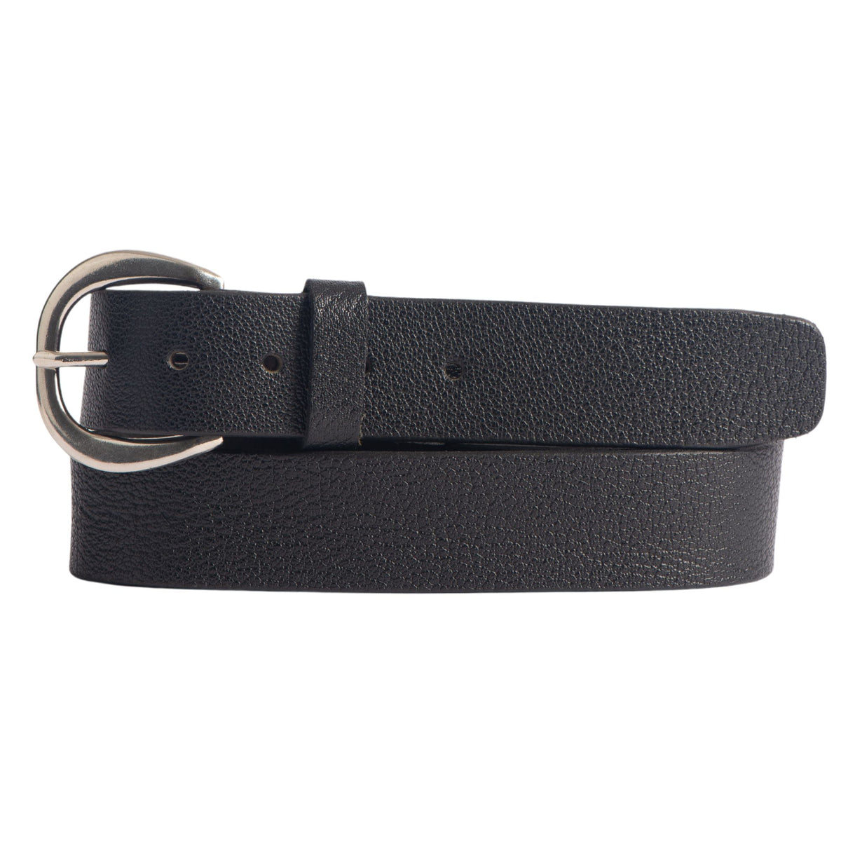 Luna black bison leather dress belt with silver crescent buckle