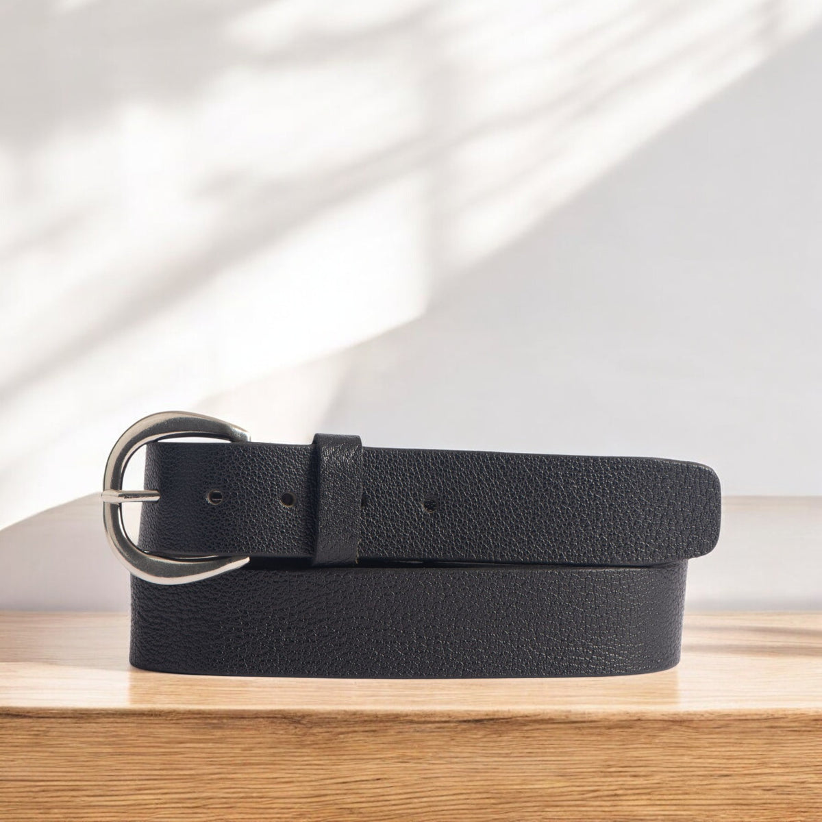 Luna black bison leather dress belt with silver crescent buckle
