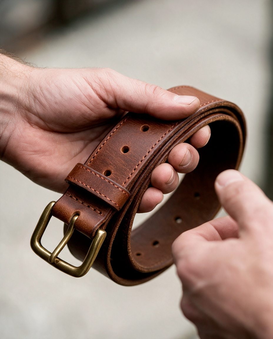 A classic brown full-grain leather belt, the style early customers kept recommending to friends