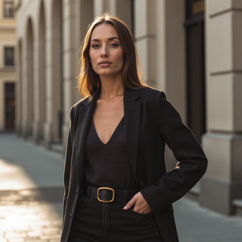 Amara black leather dress belt with gold buckle