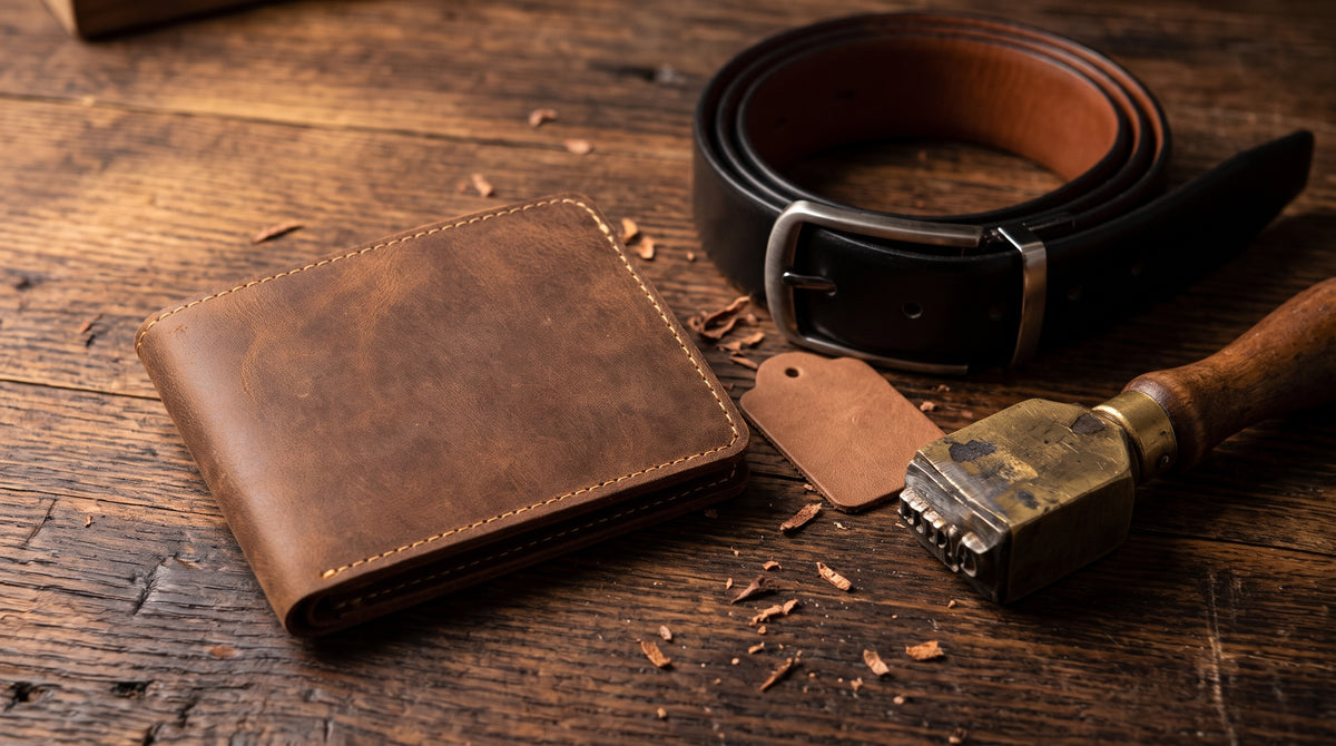 Editorial close-up: this exact brown leather wallet (preserve shape, colour and stitching) resting on a dark wooden table beside a leather belt, tiny blank leather tag, and a brass stamping tool, warm