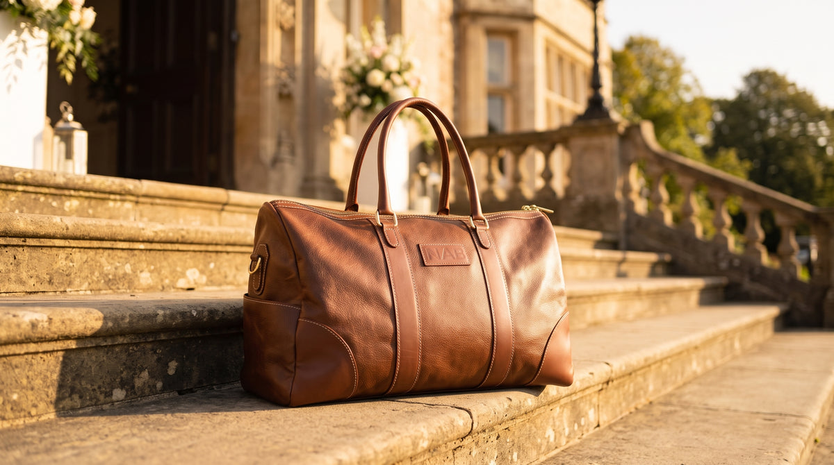 Lifestyle photo: this exact cognac leather duffle bag (preserve shape, colour, straps and hardware exactly) placed on the steps of a sunlit stone venue entrance, ready for a weekend wedding getaway, w