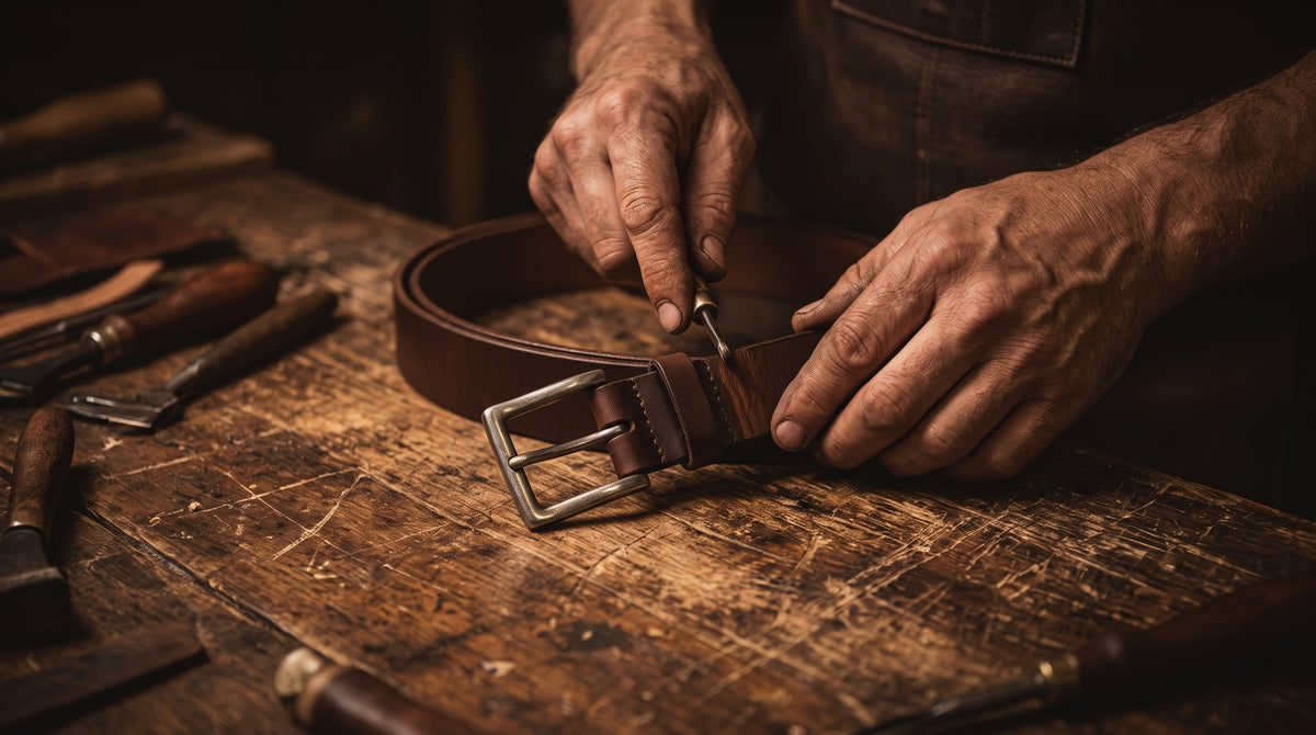 Moody leather workshop scene: a craftsman's hands finishing the brown leather belt from the source image (preserve its color and buckle) on a worn wooden workbench, leather tools nearby, dim warm ligh