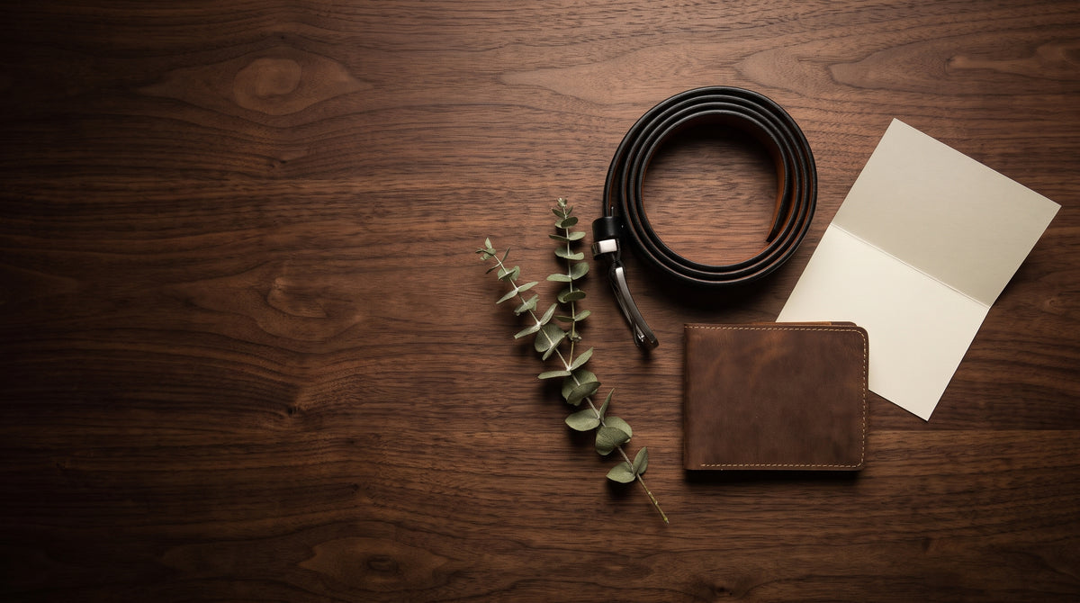 Wide cinematic flat-lay on dark walnut wood: this exact leather belt (preserve buckle and leather exactly) neatly coiled next to this exact brown leather wallet, premium groomsmen gift set, a sprig of