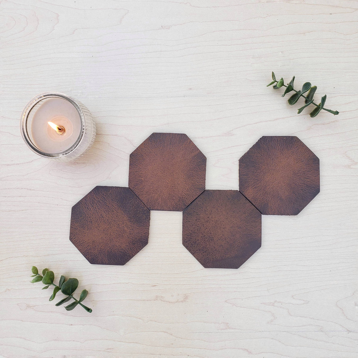 Octagon leather coasters in cognac