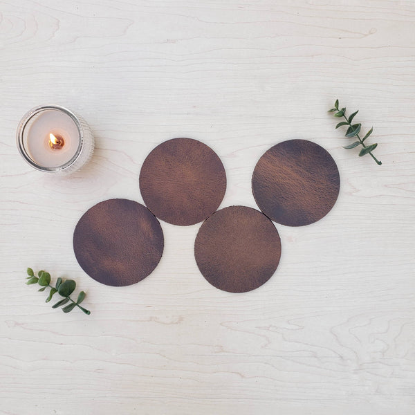 Circle Coasters - Cognac Distressed Leather Coasters - Made in Canada