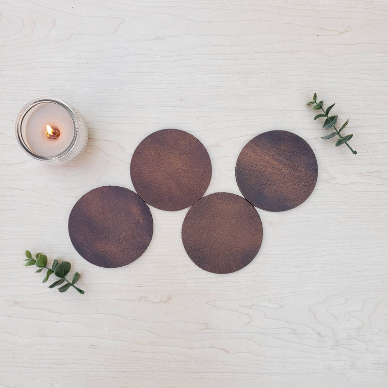 Octagon Coasters - Cognac Distressed Leather Coasters - Made in Canada