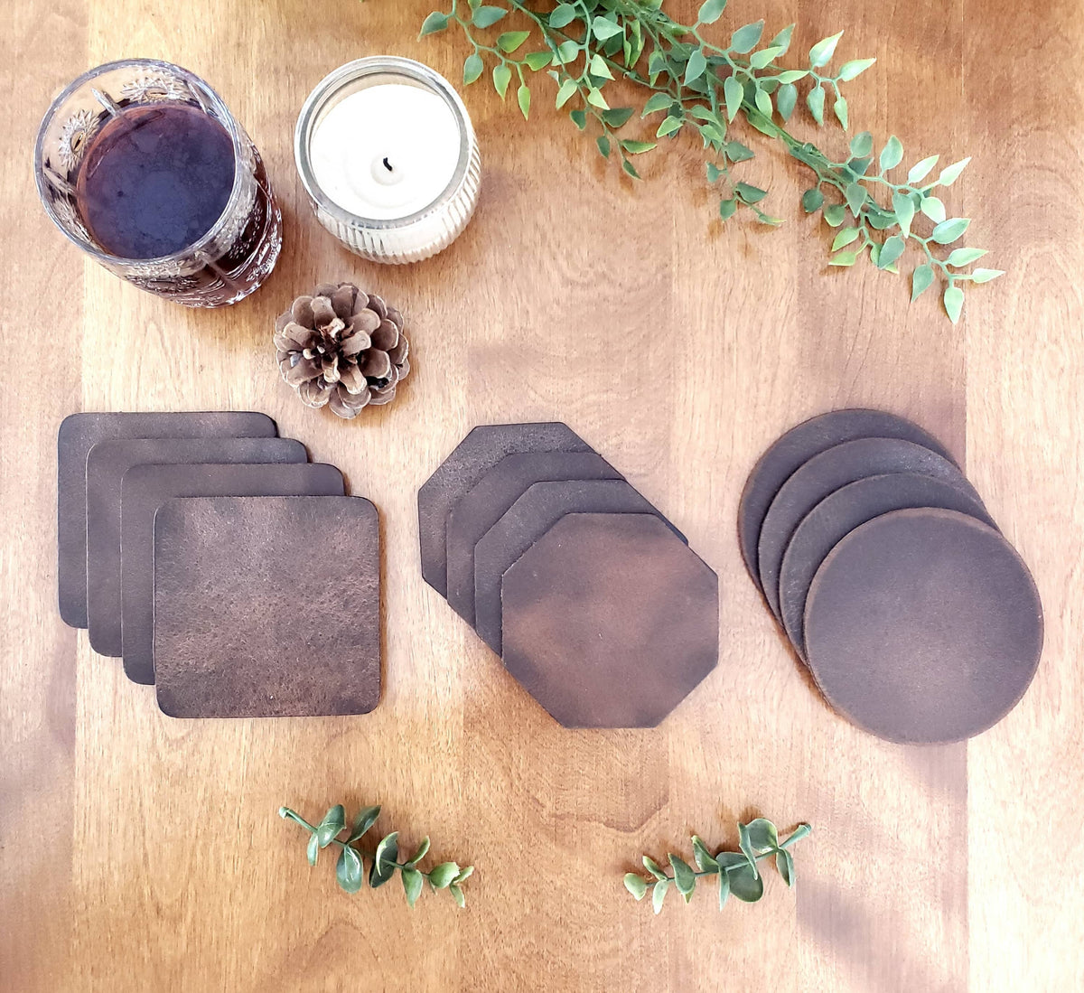 Octagon distressed leather coasters