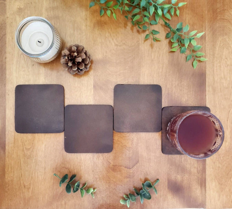 Octagon Coasters - Cognac Distressed Leather Coasters - Made in Canada