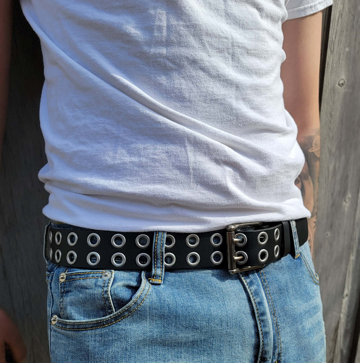 The Brixton Belt, black double grommet full-grain leather belt