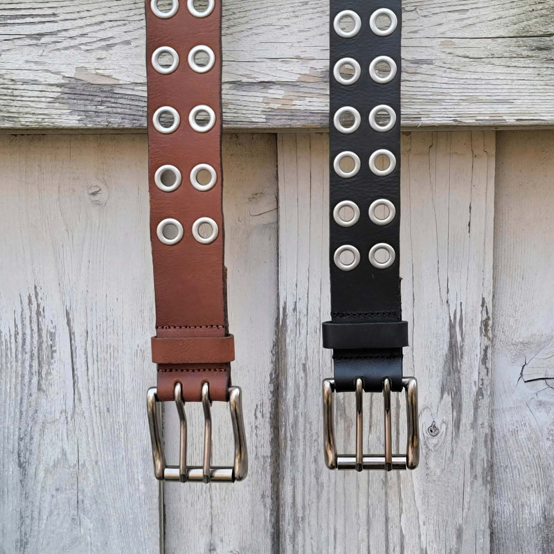 The Brixton Belt - Brown Double Grommet 100 % Real Leather Belt Made in Canada