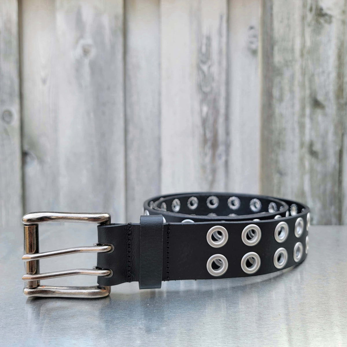 The Brixton Belt, black double grommet full-grain leather belt